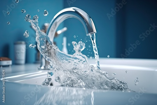 Billede på lærred water is pouring from the tap in the kitchen in the bathroom problems of lack of
