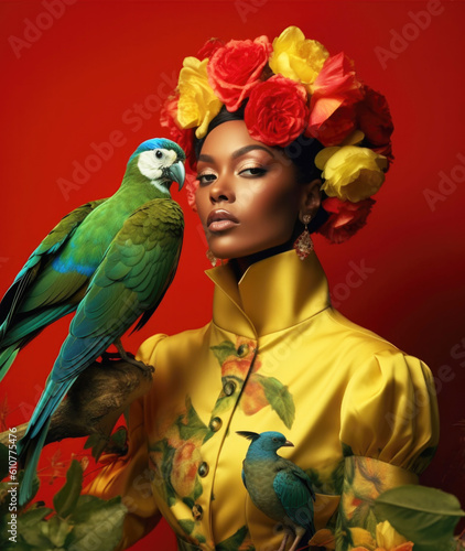Fashion image of Black woman with flowers and exotic bird in studio. Generative AI