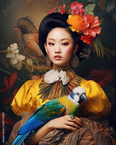 Fashion image of Asian woman with flowers and exotic bird in studio. Generative AI photo