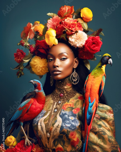 Haute couture fashion of Black woman with flowers and birds in studio. photo