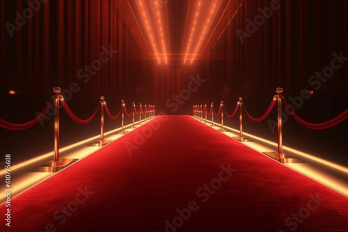 Radiant illumination highlights the elegance of an empty red carpet runway Generative AI photo