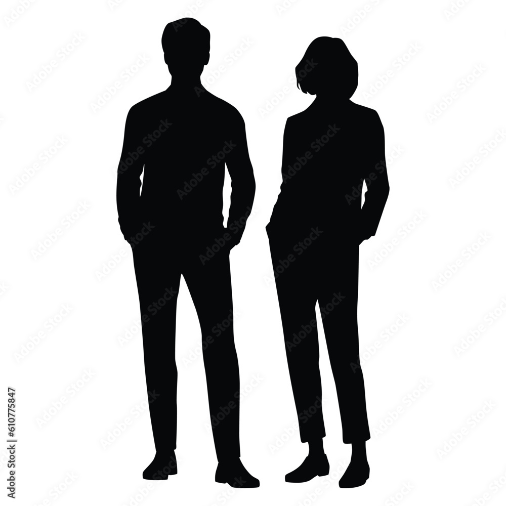 Vector silhouettes of  man and a woman, a couple of standing business people, profile, black color isolated on white background