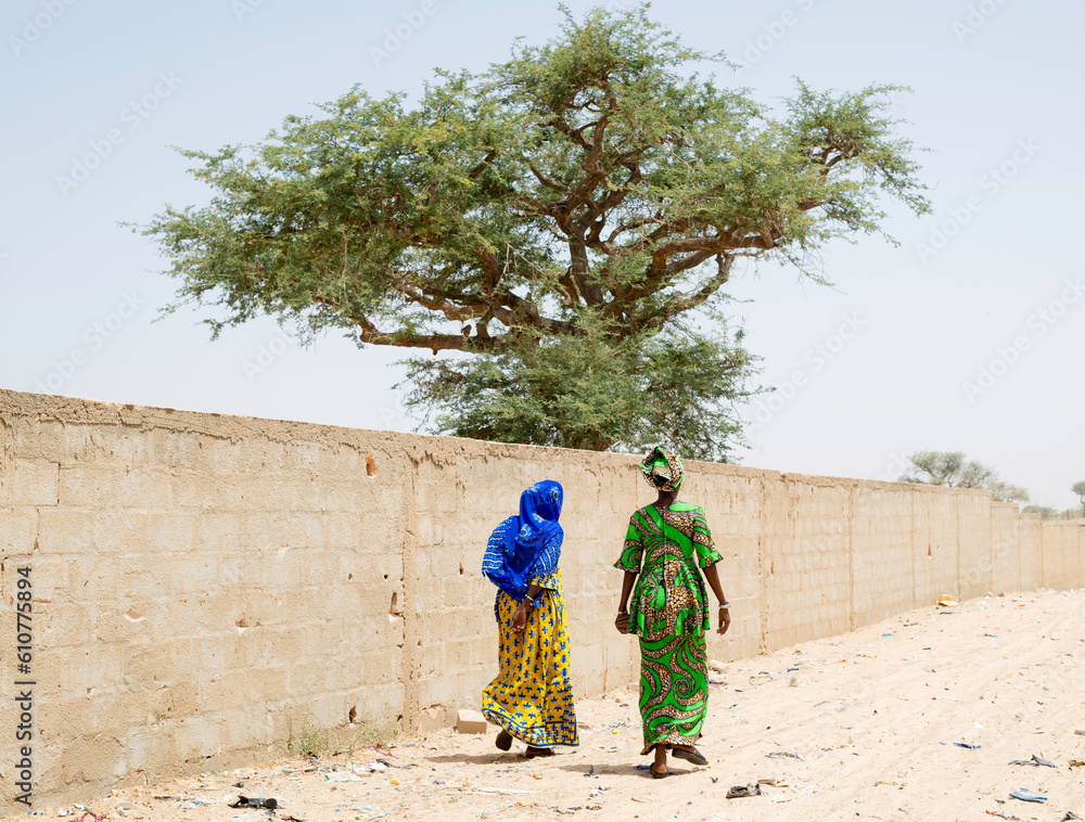 Fototapeta premium Dos mujeres caminando de espaldas con atuendo tradicional africano en SENEGAL.
