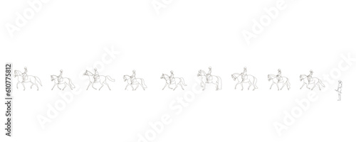 Group of riders on horseback are trotting under the supervision of a trainer at a riding school