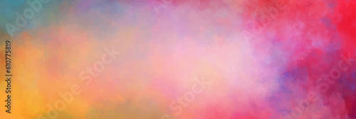Colorful watercolor background of abstract sunset sky with puffy clouds in bright rainbow colors of pink green blue yellow and purple