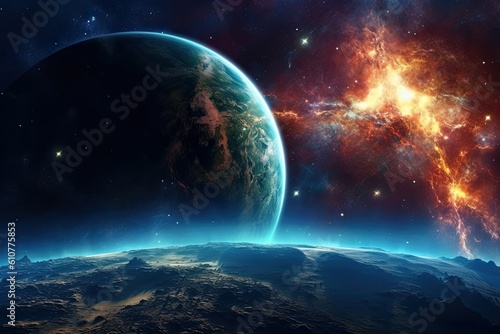 banner poster planet moon Earth in space on a dark background cinematic photo space for text copy space generative ai
