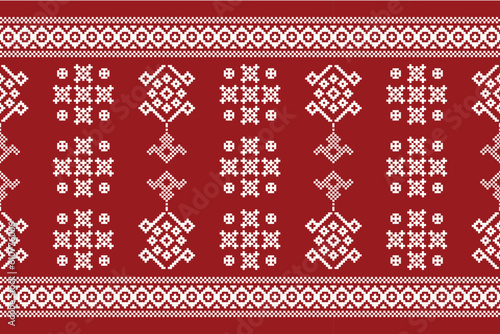 Ethnic geometric fabric pattern Cross Stitch.Ikat embroidery Ethnic oriental Pixel pattern red background. Abstract,vector,illustration. Texture,clothing,scarf,decoration,motifs,silk wallpaper.