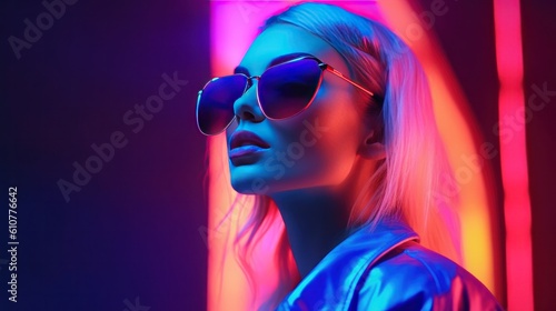 Fotografia Neon night club girl. Illustration AI Generative.