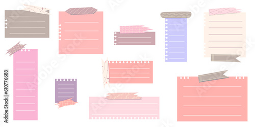 Cute Memo Notebook set with tape paper frame for text. Planner sticker element sticky. Flat vector illustration. Cute Notes memo planner page.