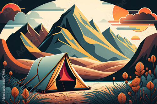 Illustration of a camp tent with mountains on the background. Generative AI