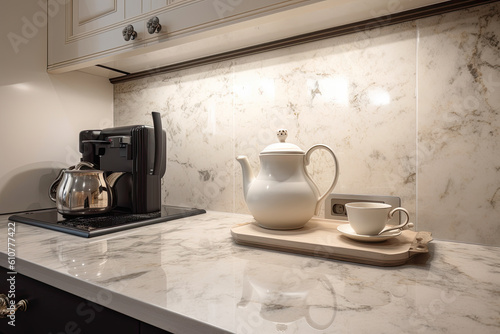 Ceramic cup and a teapot with a coffee machine stand on marble countertop in kitchen, created with Generative AI