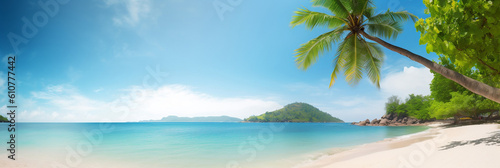 Panorama banner photo of tropical beach with palm tree, banner, generative AI