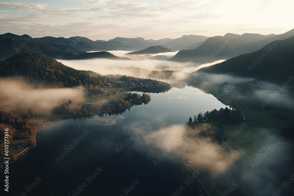 Aerial view of a beautiful lake with mountains. Panoramic view from the drone. Generative AI