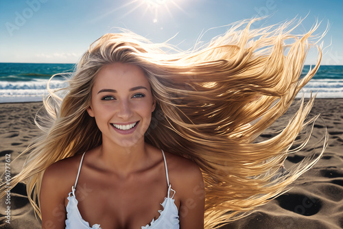 A young beautiful smiling girl in a white swimsuit with blonde hair stands on the sea beach against the backdrop of ocean waves. The wind blows the hairstyle. Generative AI photo