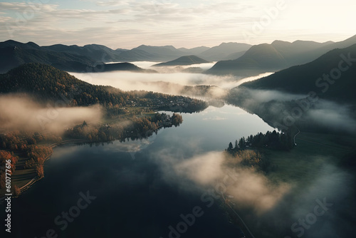 Aerial view of a beautiful lake with mountains. Panoramic view from the drone. Generative AI