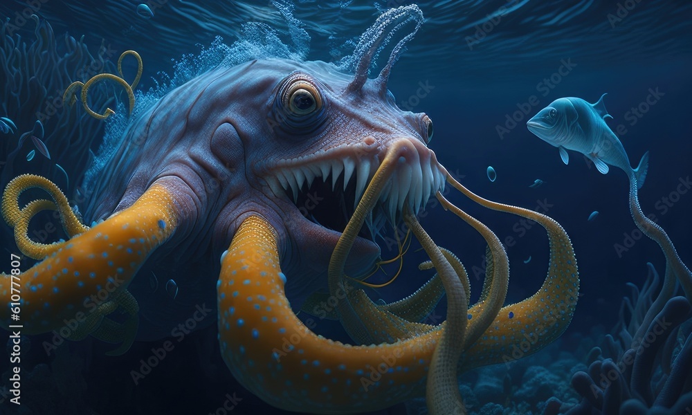An octopus eating a fish in the deep ocean