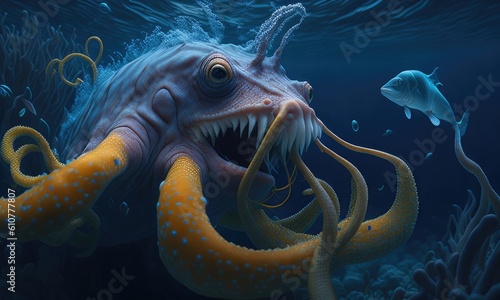 An octopus eating a fish in the deep ocean