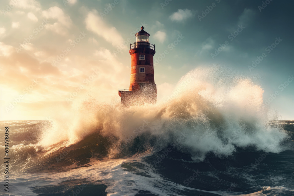 A lighthouse in the middle of the sea with big waves around. Dramatic but beauty view. Generative AI