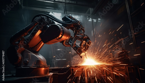 Automated robotic arm welds metal in futuristic steel factory generated by AI