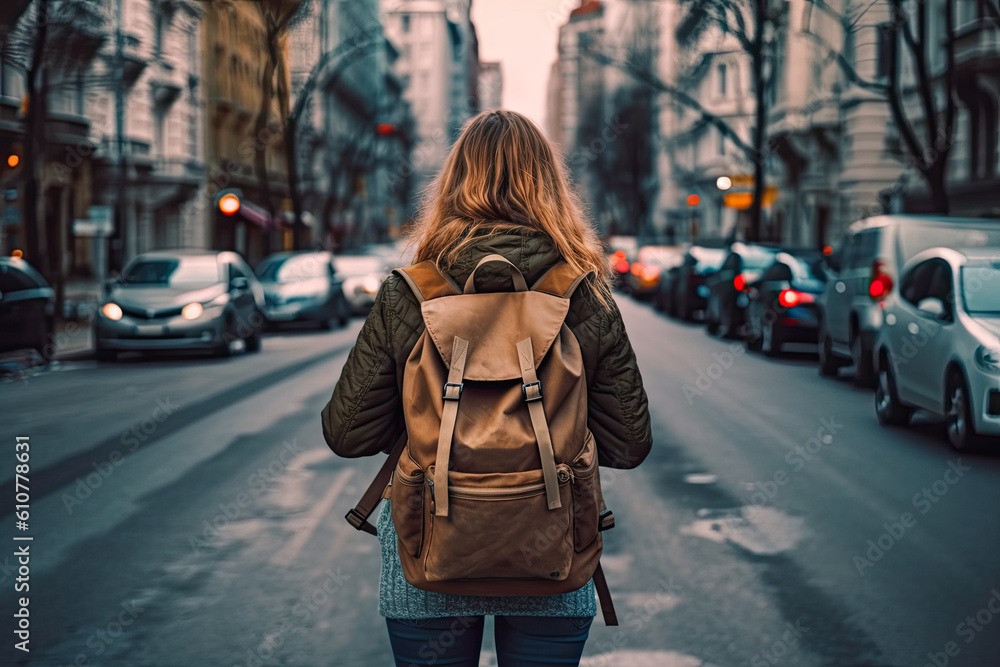 A young woman with backpack walking in the middle of the street of a big American town. Nobody here. Generative AI A young woman with backpack walking in the middle of the street of a big American town. Nobody here. Generative AI