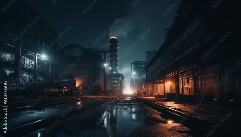 Dark city streets, traffic blurs, illuminated buildings, pollution and danger generated by AI