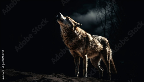 Gray wolf howling in the night, full length, fur focus generated by AI