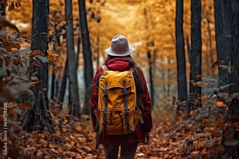 Young woman with yellow backpack walking in the forest. Back view. Generative AI Young woman with yellow backpack walking in the forest. Back view. Generative AI