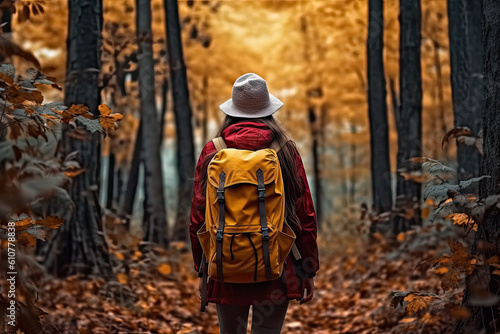 Young woman with yellow backpack walking in the forest. Back view. Generative AI