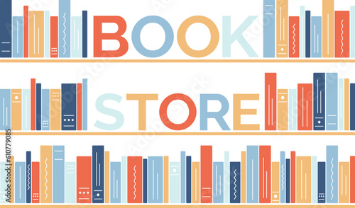 Shelf of books in a bookstore. Text Book Store. Literature and textbooks in the rack. Reading and knowledge. Bookinist. Bookcases. Vector illustration