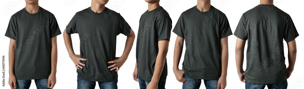 Black t-shirt mock up, front, side and back view, isolated. Teenage male model wear plain heather black shirt mockup. Tshirt design template. Blank tee for print Black t-shirt mock up, front, side and back view, isolated. Teenage male model wear plain heather black shirt mockup. Tshirt design template. Blank tee for print