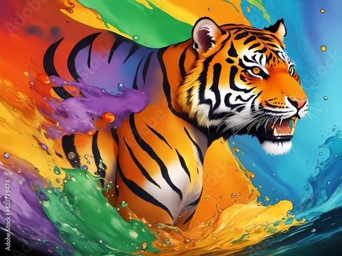 Colorful orange purple blue tiger body portrait head on multicolored background in aquarelle style  creative abstract background with colourful fluid liquid watercolor painting. Generative AI