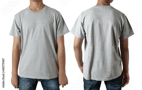 Blank shirt mock up template, front and back view, Asian teenage male model wearing plain heather grey t-shirt isolated on white. Tee design mockup presentation for print