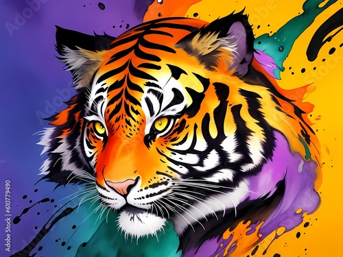 Colorful orange yellow purple green tiger portrait head on multicolored background in aquarelle style  creative abstract background with colourful black ink liquid watercolor painting. Generative AI