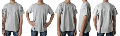 Blank shirt mock up template, front, side and back view, Asian teenage male model wearing plain heather grey t-shirt isolated on white. Tee design mockup presentation for print