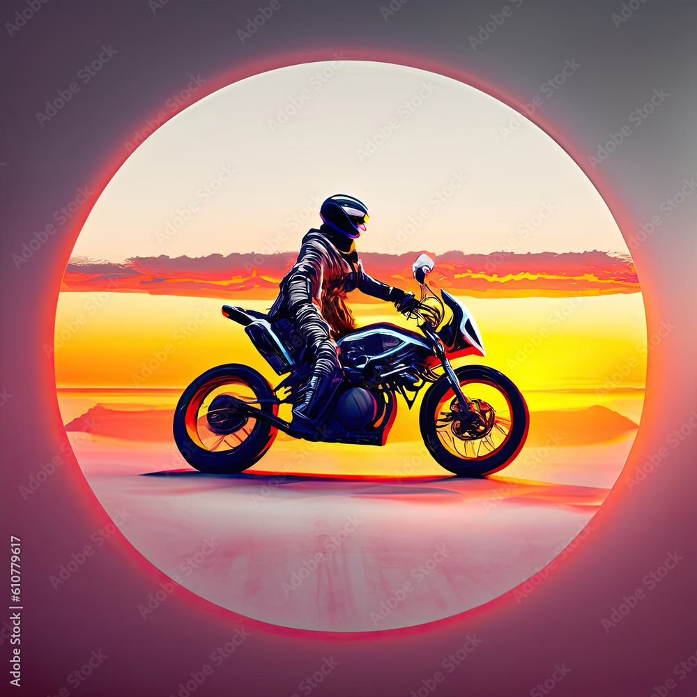action shot of a motorbike synthases t-shirts vector enclosed in a circle sunset contour- action shot of a motorbike synthases t-shirts vector enclosed in a circle sunset contour-