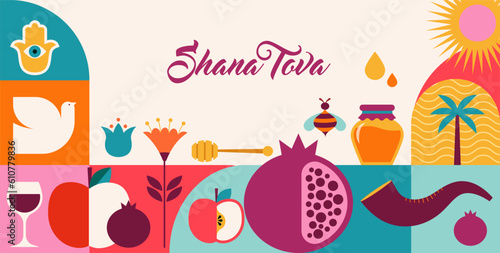 Rosh Hashanah background, banner, geometric style. Shana Tova, Happy Jewish New Year, concept design