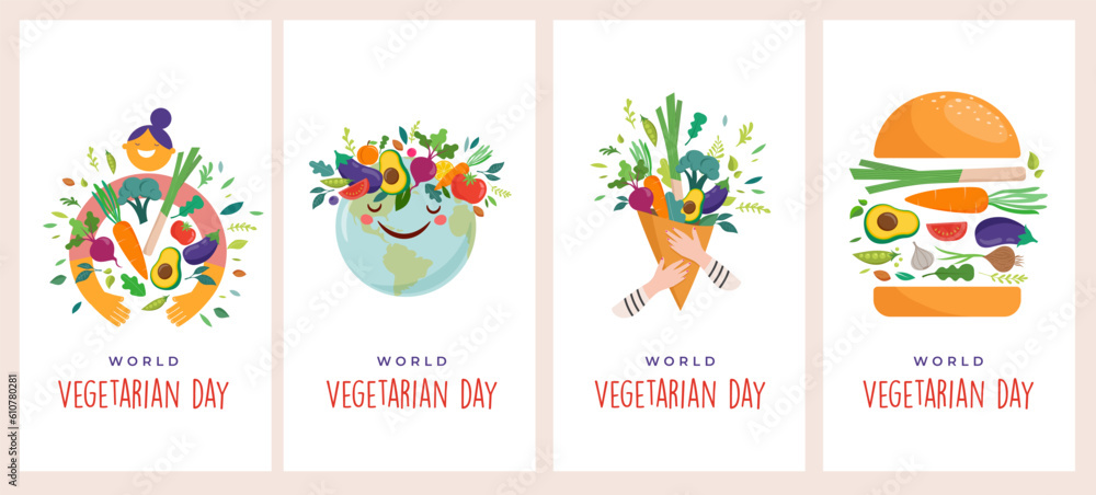 World Vegetarian Day, concept designs, posters, story templates set and illustration