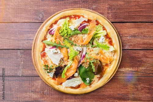 Tasty fresh pizza dish with vegetables