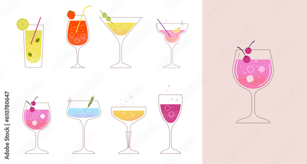 Modern flat summer cocktails collection. Colorful background with cocktail glasses. Celebration poster concept and web banner. Modern flat summer cocktails collection. Colorful background with cocktail glasses. Celebration poster concept and web banner.