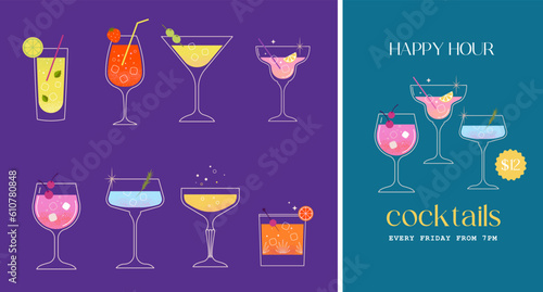 Modern flat summer cocktails collection. Colorful background with cocktail glasses. Celebration poster concept and web banner.