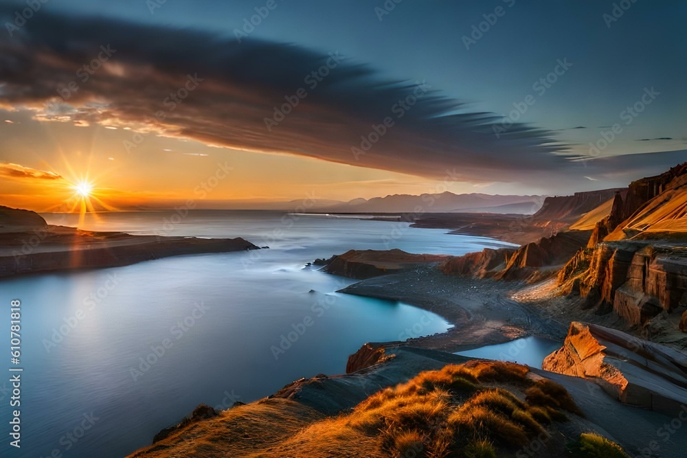  The sunrise over the lake at Lake Gunsal in New Zealand, with dramatic lighting and a stunning view of cliffs, water bodies, sand dunes, rocks, sky, and clouds. 