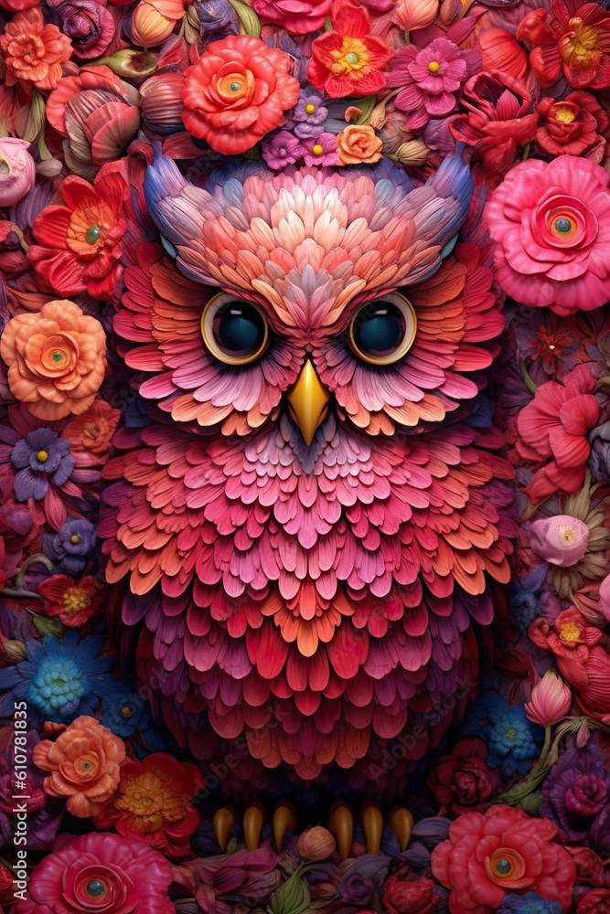 Owl on a tree. AI generated art illustration.