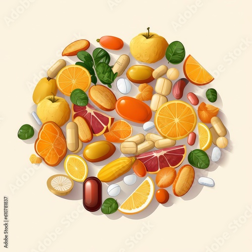 Complex of Vitamins and supplements for health on white background. Capsules with fruits  herbs. Illustration. Ai generated