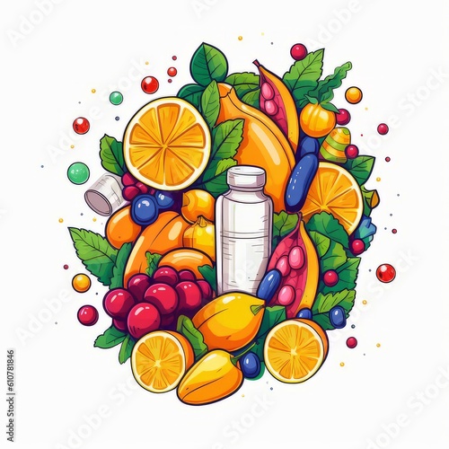 Complex Vitamins for health on white background. Capsules with fruits, herbs. Desing for web, card, poster, site. Illustration. Ai generated