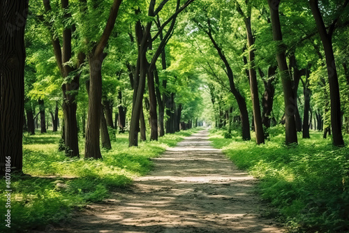 Green trees in the forest or park. Path through the forest, path in the park.