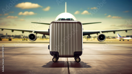 Suitcase in front of the plane at the airport, vacation, relocation, summer vacation concept