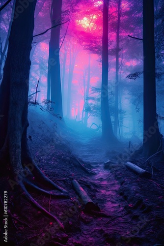 Sunset in the woods. AI generated art illustration.