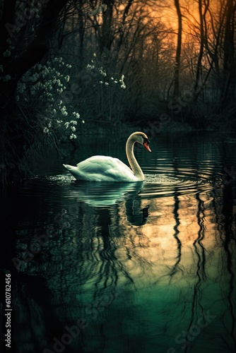 Swan on the water. AI generated art illustration.