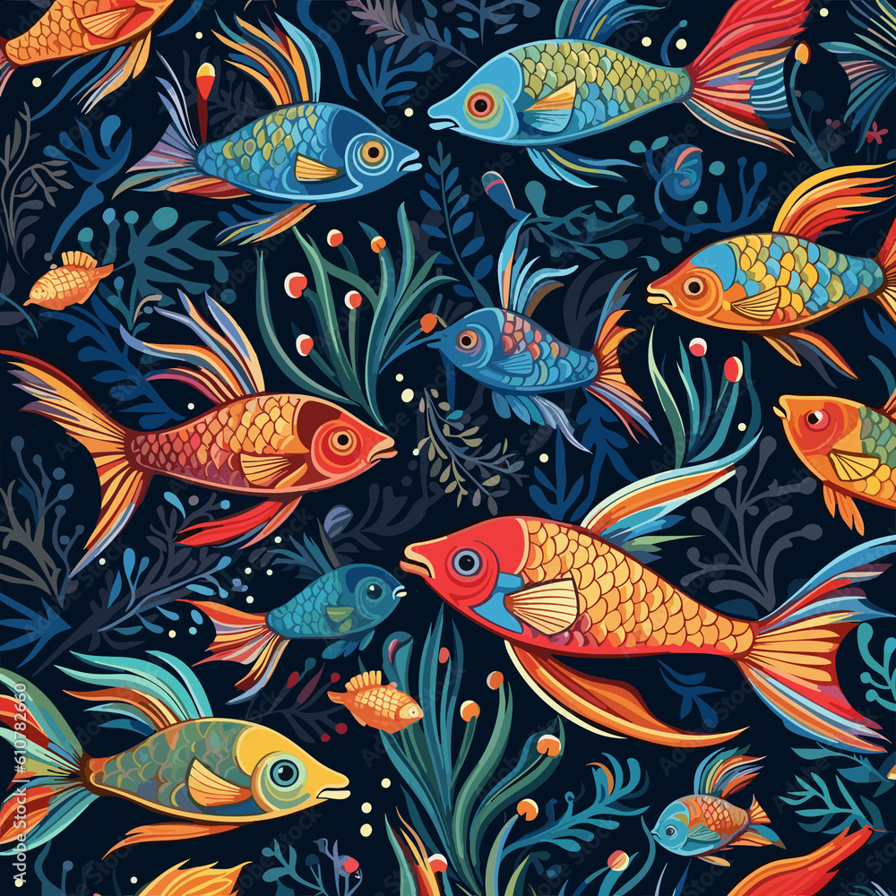 Fototapeta premium A seamless pattern with exotic tropical fishes. Cartoon underwater animals background. Colorful childish 