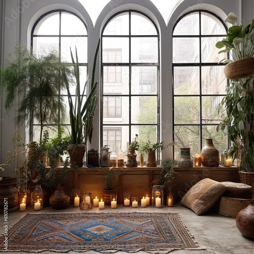 Boho styled room interior with big window, green houseplants and natural home decor Generative AI